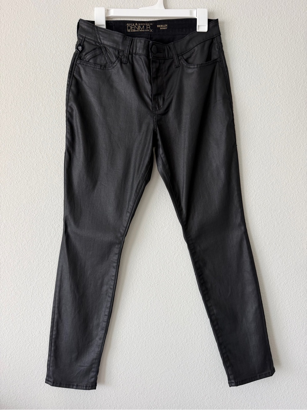 Rock & Republic Berlin Skinny Coated Black Jeans Sz 12 Leather Look Stretch